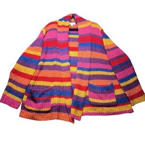 Weekend Suzanne Betro Cardigan Sweater Womens 3X Rainbow Stripe Chunky Boho
